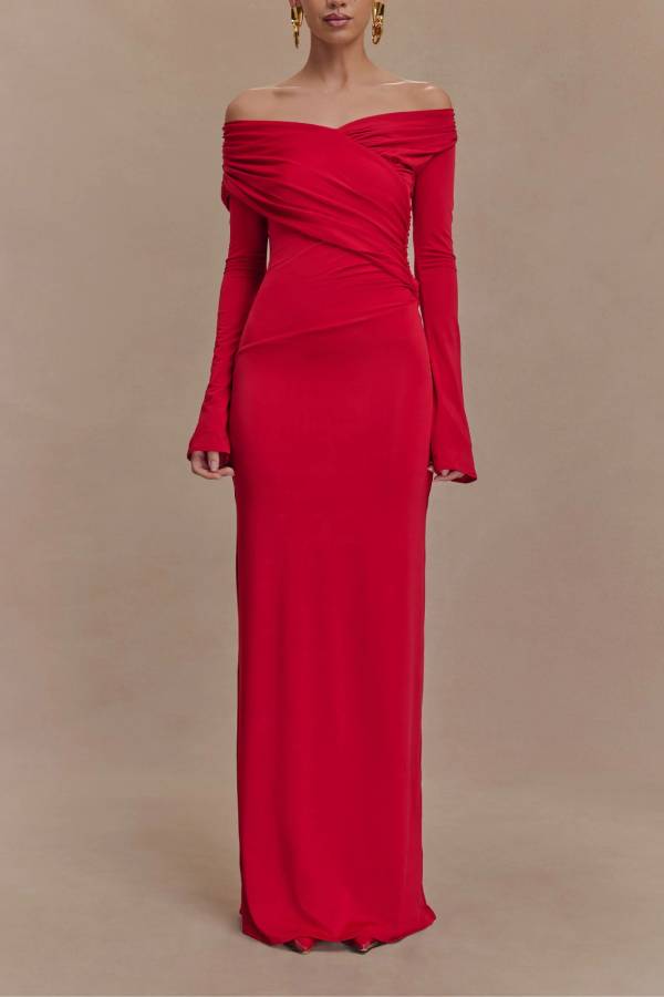 Off Shoulder Ruched Maxi Dress