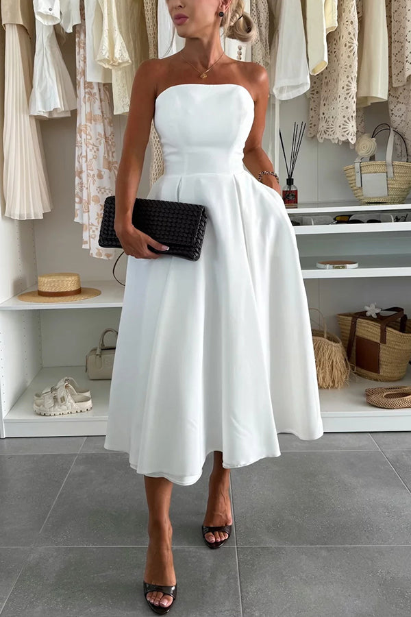 Sweet Cascade Solid Color Off Shoulder Pocket Full Hem Midi Dress
