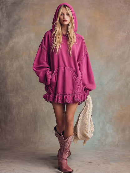 Elegant Retro Sporty Lace Trim And Ruffled Hem Rose Pink Cotton Hooded Style Mini Dress