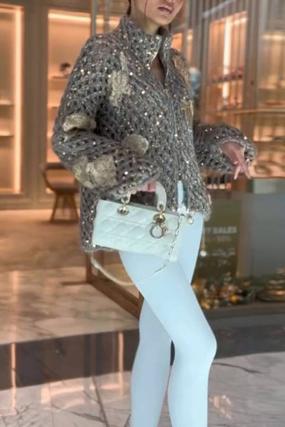 Chaqueta de punto jacquard con lentejuelas de peso pesado y cremallera 