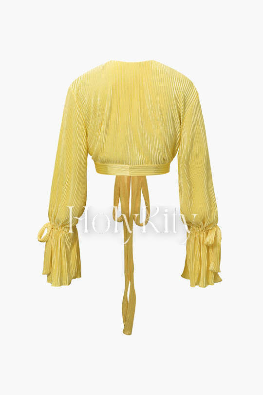 Plisse V-neck Tie Front Crop Top And Lettuce Hem Pants Set