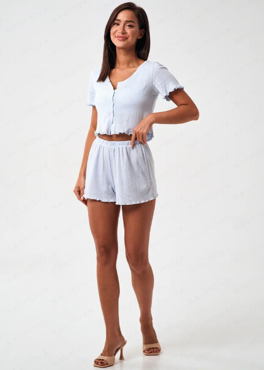 Ruffle Hem Short Sleeve Lounge Set – Light Blue