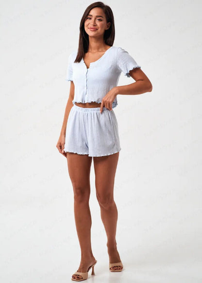 Ruffle Hem Short Sleeve Lounge Set – Light Blue