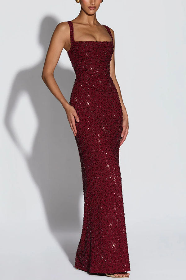 Vestido largo Calanthe de gasa con lentejuelas, fruncido, escote cuadrado y espalda con cordones 