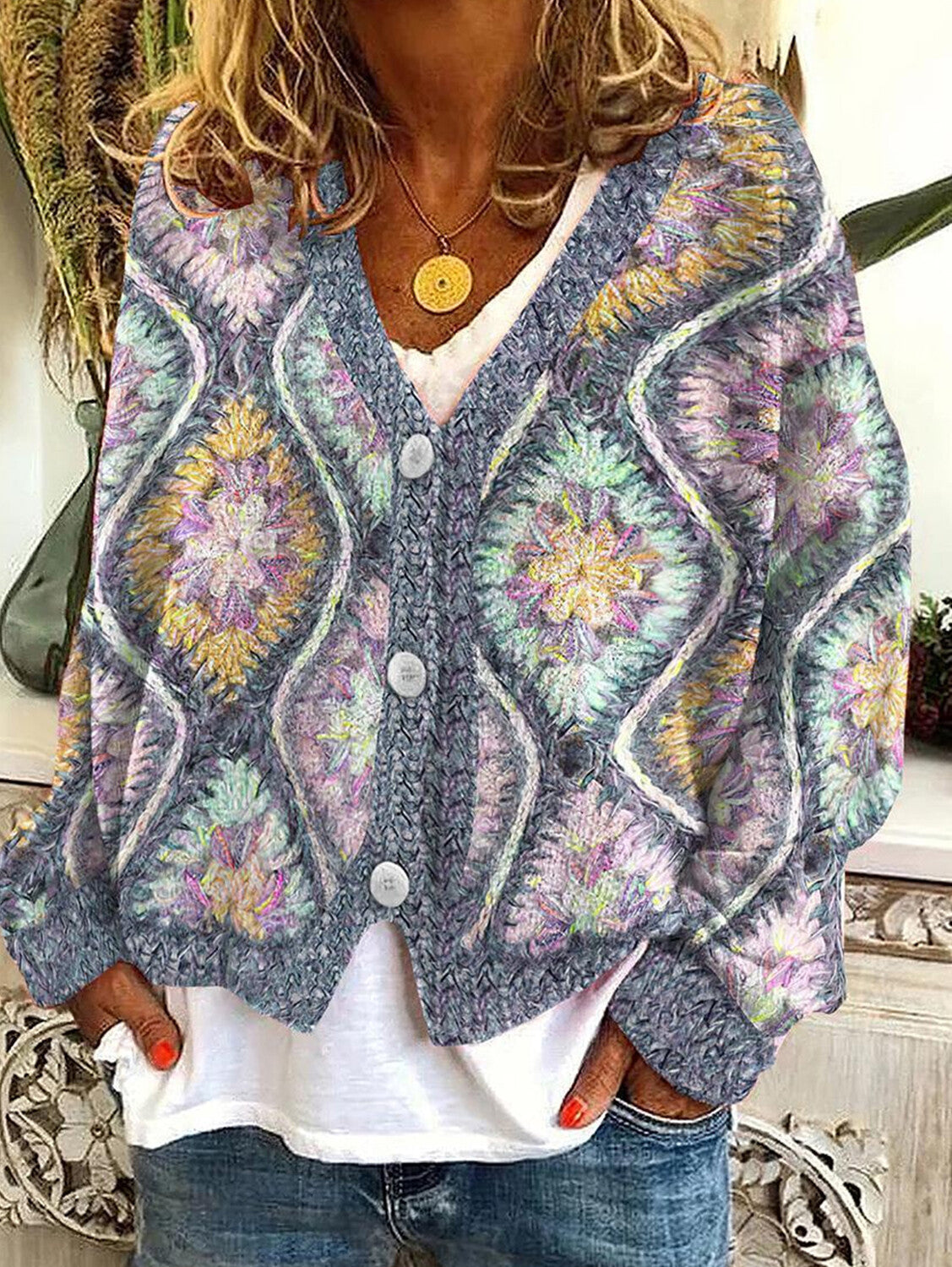 Casual Floral Pattern Three Button Knit Sweater Cardigan