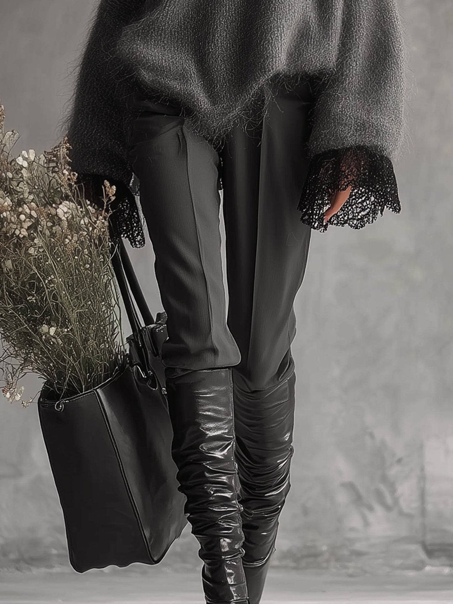 Gray Mohair Knit Sweater With Lace Cuffs