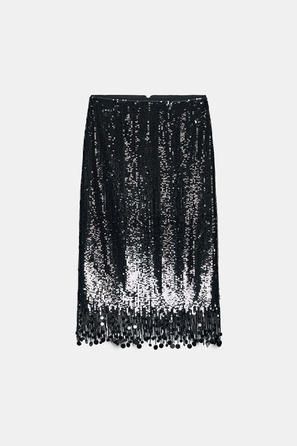 City Queen Sequin Tassel Round Pieces High Rise Back Zipper Midi Skirt
