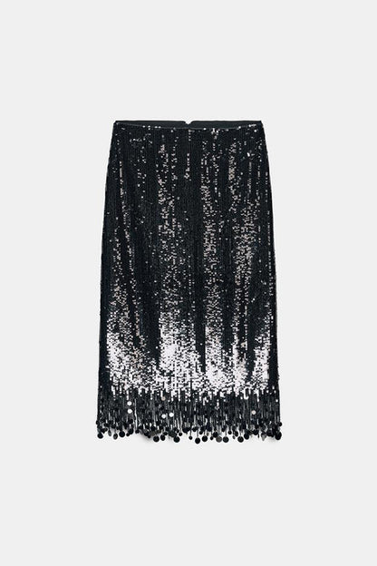 City Queen Sequin Tassel Round Pieces High Rise Back Zipper Midi Skirt