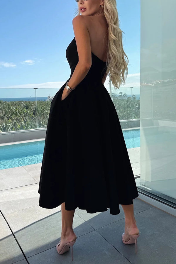 Sweet Cascade Solid Color Off Shoulder Pocket Full Hem Midi Dress