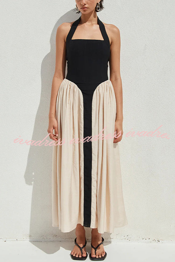Fashion Contrast Color Stitching Sleeveless Backless Slim Maxi Dress