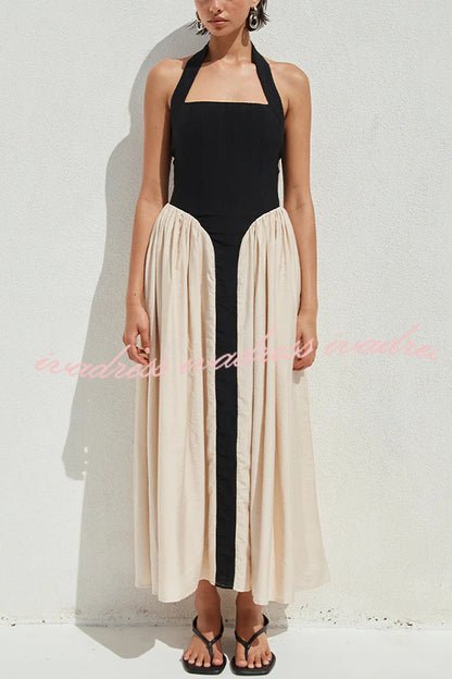 Fashion Contrast Color Stitching Sleeveless Backless Slim Maxi Dress