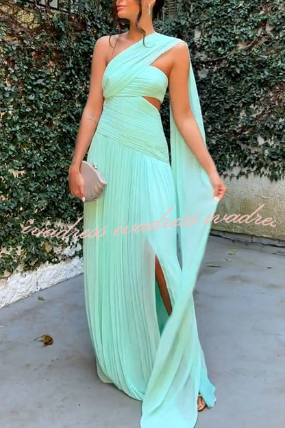 Vestido largo tipo capa de gasa con hombros descubiertos y abertura en la cintura, plisado, Forest Muse 