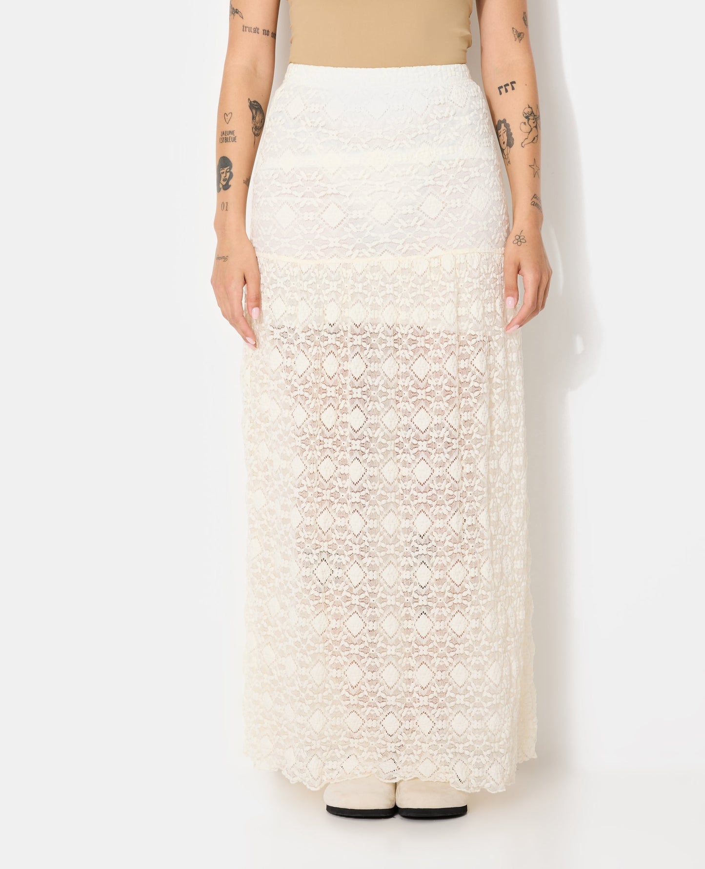 Lace Maxi Skirt | Sheer Overlay and Straight Silhouette