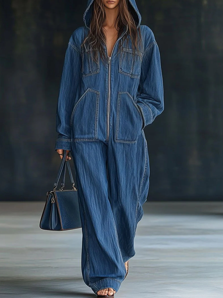 sheenchic Daily Blue Hooded Long Sleeve Pocket Vintage Zipper Denim Jumpsuits