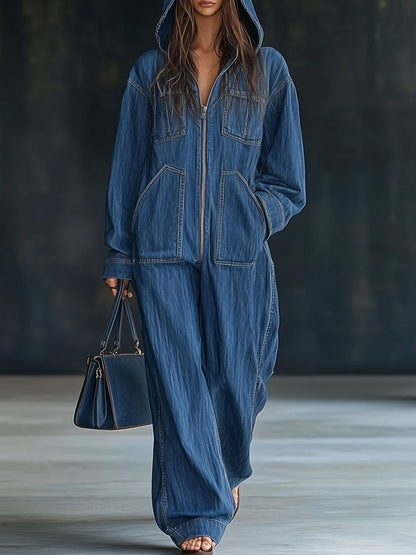 sheenchic Daily Blue Hooded Long Sleeve Pocket Vintage Zipper Denim Jumpsuits
