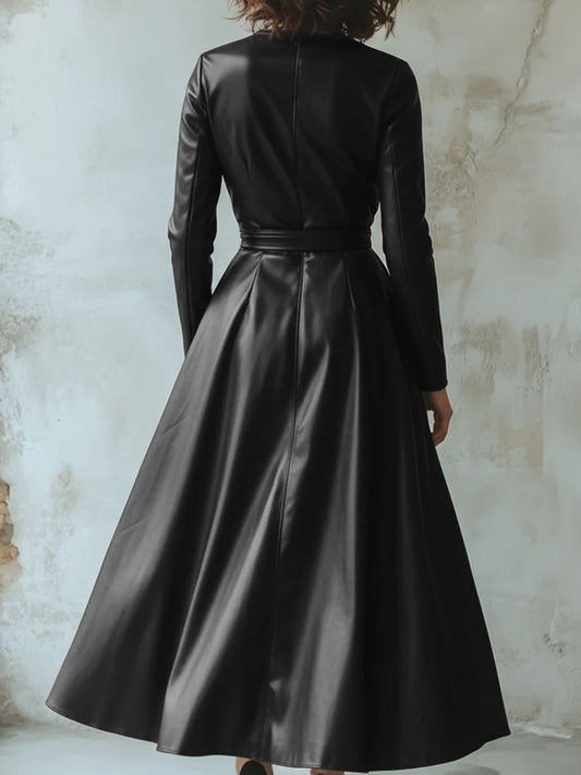 Daily Black V Neck Long Sleeve Lace Up Casual PU Leather Maxi Dresses