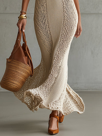 Oatmeal Sleeveless Resort Style Knit Halter Bodycon Dress