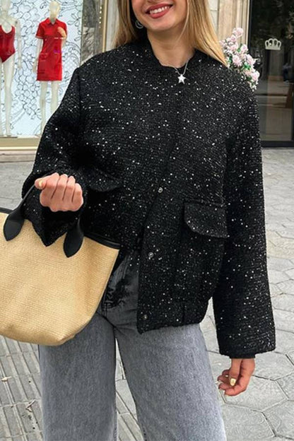 Sequined textured baseball collar short jacket