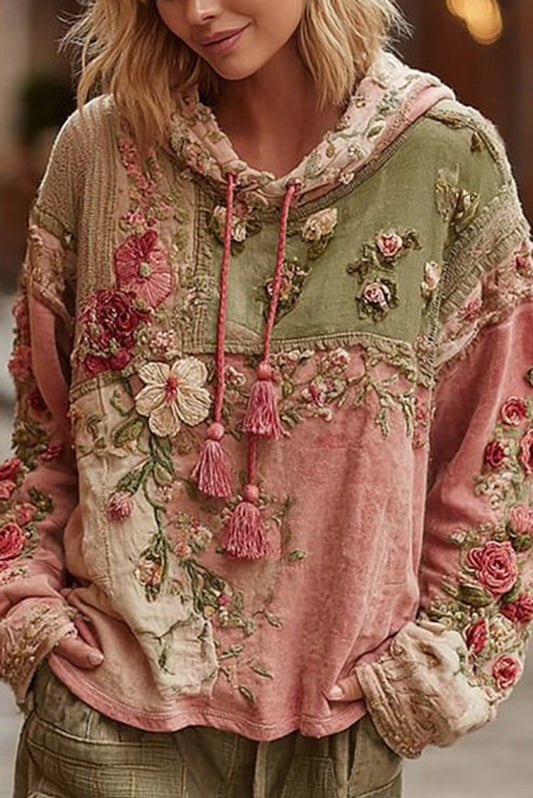 Floral Print Loose Hooded Long-Sleeved Sweatshirt