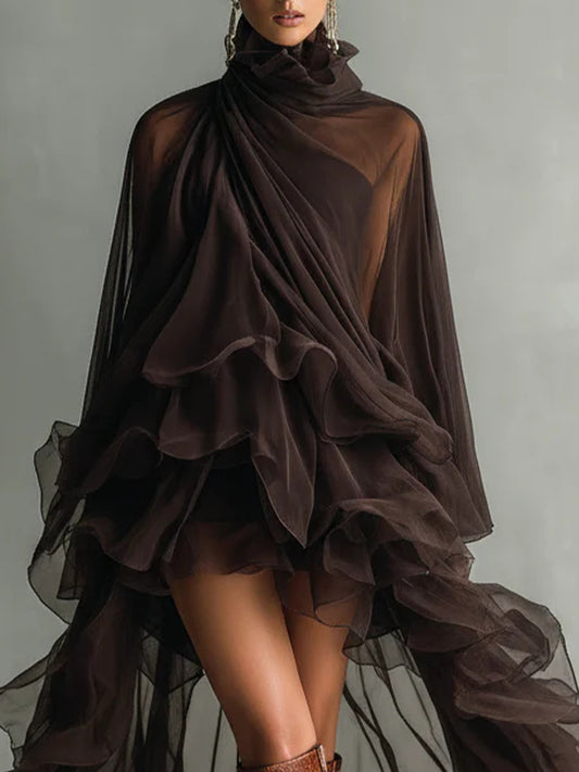 sheenchic Party Brown High Collar Lantern Sleeve Long Sleeve High Low Hem Elegant Ruffle Tulle Mini Dresses [Pre-Order]