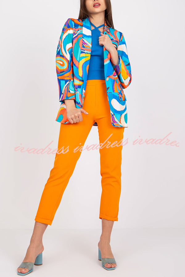 Multicolor Graphic Print Lapel Long Sleeve Blazer