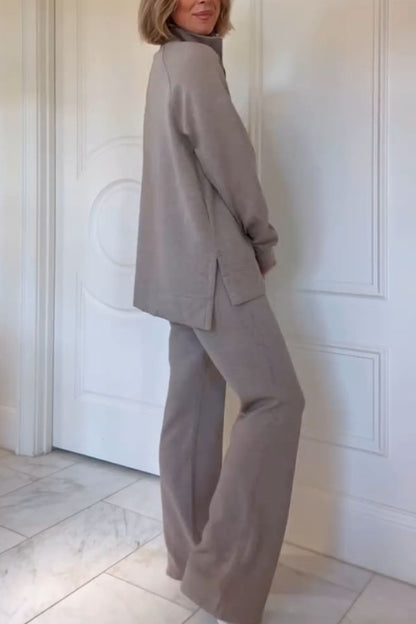 Alfia Ribbed Stand Zipper Neck Long Sleeve Sweatshirt and Button Elastic Waist Pocketed Loose Pants Set