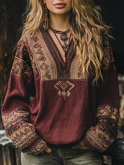 Vacation Burgundy Floral V Neck Lantern Sleeve Long Sleeve Contrast Vintage Linen Blouses