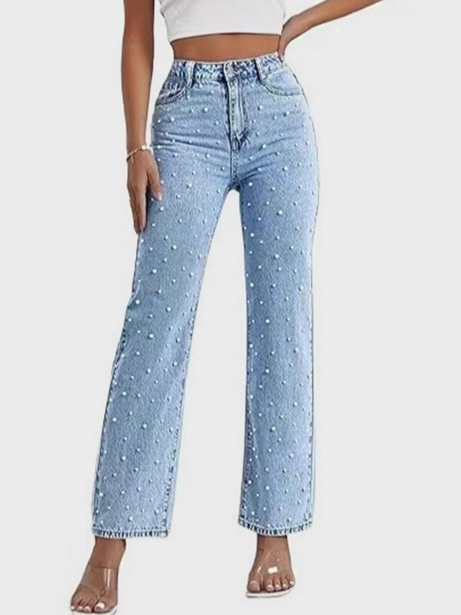 Casual Blue Beaded Embellished High Waist Washed Denim Straight Jeans