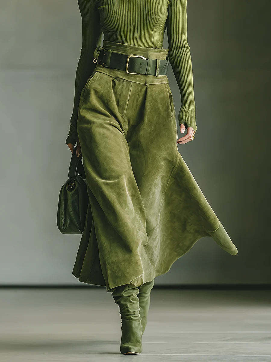 Daily Chamois Sage Green Off The Shoulder Long Sleeve Pocket Casual Knitted Two Piece Skirt Sets