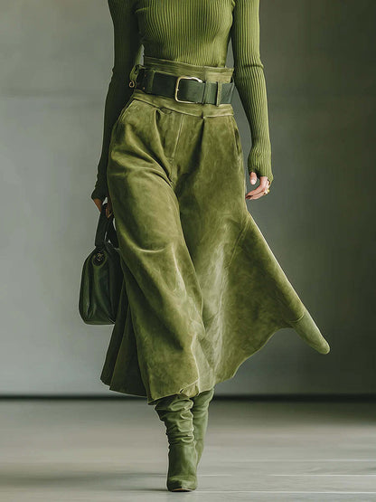Daily Chamois Sage Green Off The Shoulder Long Sleeve Pocket Casual Knitted Two Piece Skirt Sets