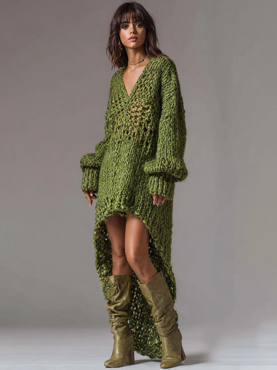 sheenchic Party Army Green V Neck Long Sleeve Asymmetric Hem Western Rib Knit Mini Dresses