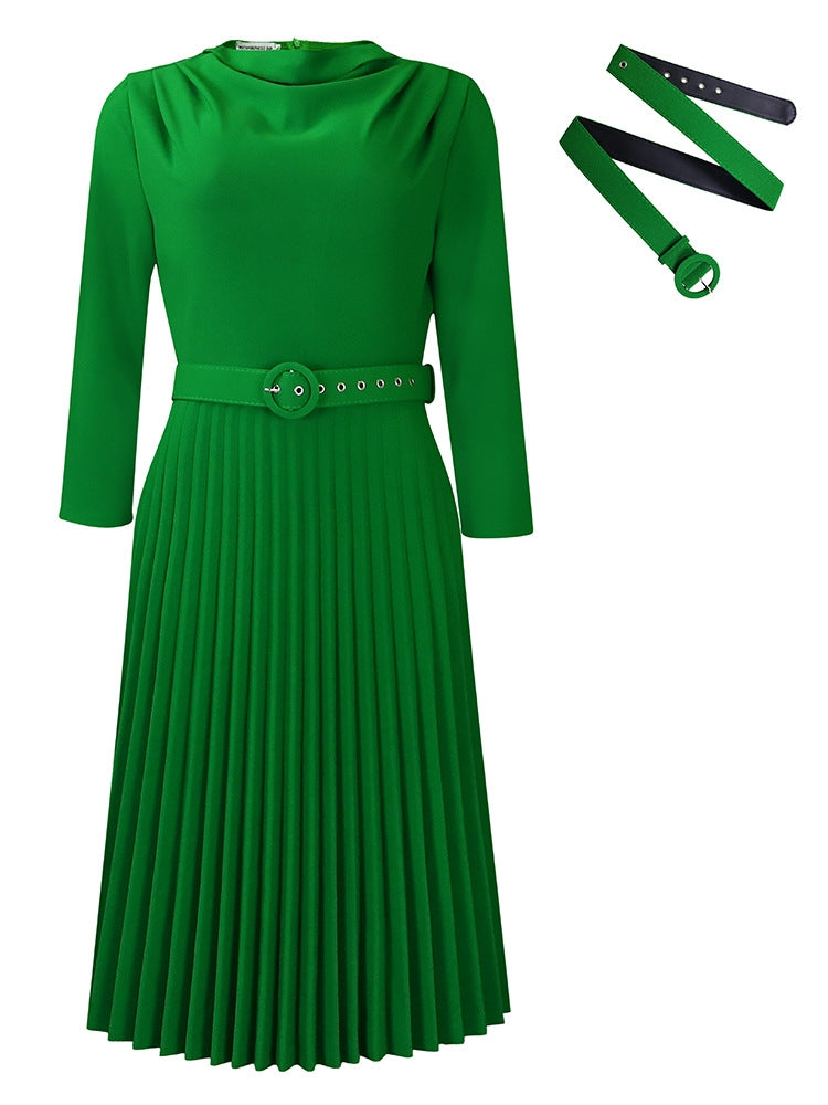 Elegant Solid Color Pleated Dress with Belt