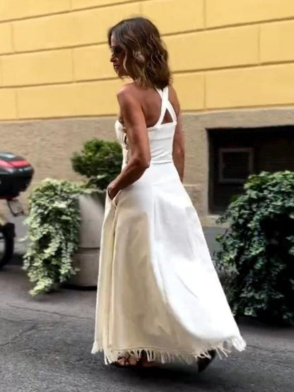 Boho Fringed White Maxi Dress with Pockets