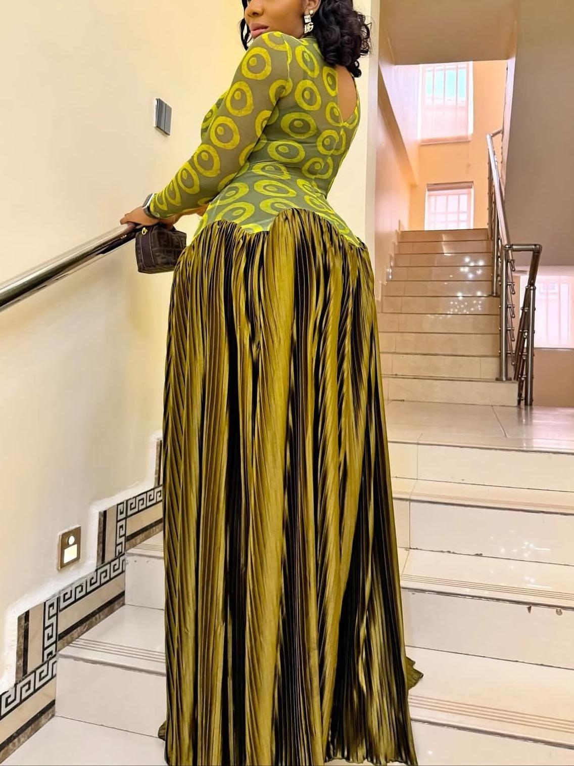 Mesh Panel Retro Pleated Maxi Dress