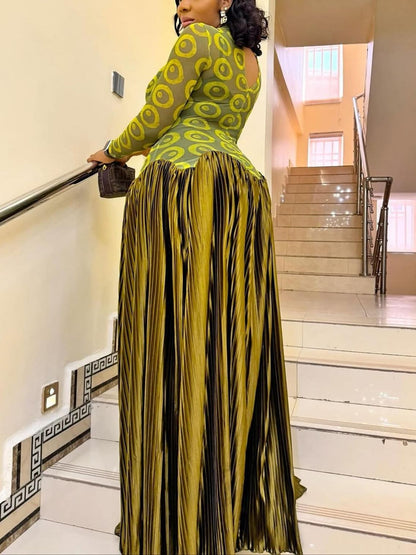 Mesh Panel Retro Pleated Maxi Dress