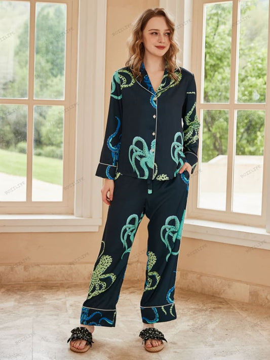 Octopus Print Ice Silk Long-Sleeve Pajama Loungewear Set
