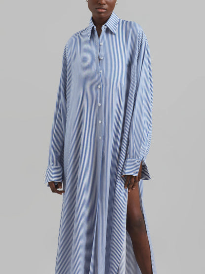 Avery Fluid Shirt Dress - White/Blue Stripe