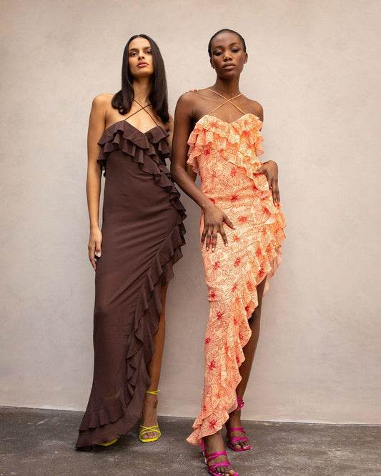 Romantic Ruffled Floral Slit Midi Dress