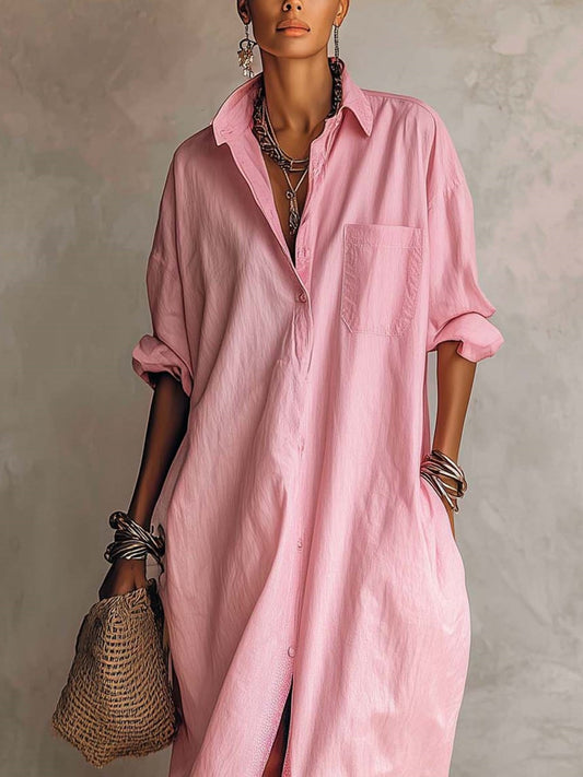sheenchic Vacation Pink Shirt Collar Short Sleeve Pocket Casual Split Maxi Dresses [Pre-Order]