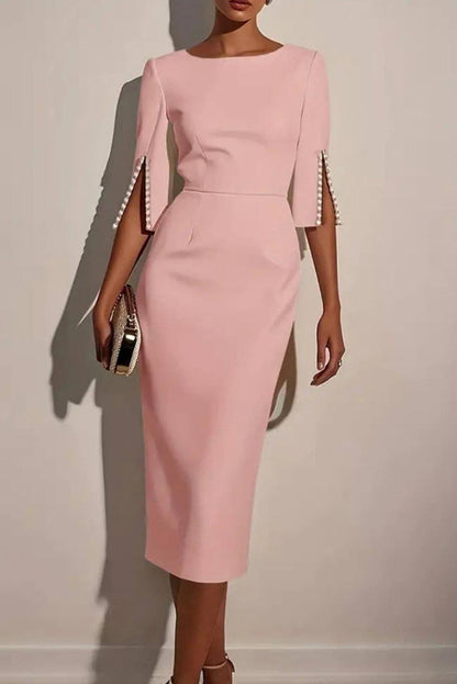 Solid Color Elegant Round Neck Half Sleeve Beaded Decorated Slim Fit Midi Dress