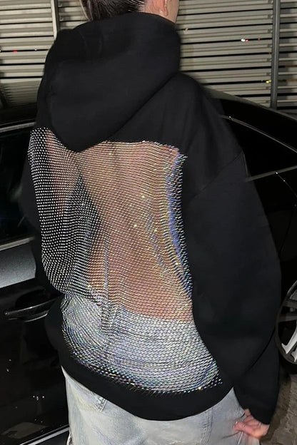 Fashionable Shiny Mesh Hollow Back Loose Long-sleeved Hooded Sweatshirt