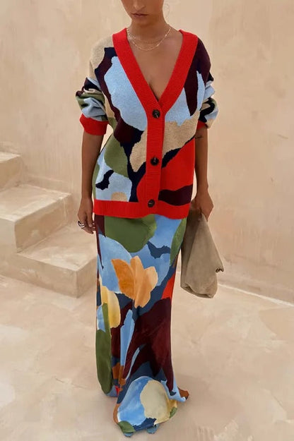 Cárdigan holgado de manga larga con botones y bloques de colores abstractos de punto brillante y atrevido 