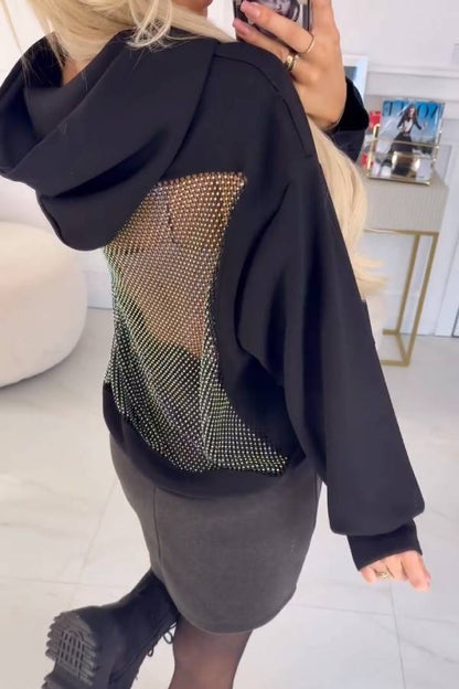 Black Hooded Sweatshirt with Rhinestone Embellished Cutout Back