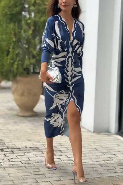 Brazilian Style Unique Print Dolman Long Sleeve Ruched Slit Midi Dress  Vestidos