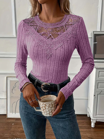 Valentines Grey Round Neck Long Sleeve Cut Out Casual Contrast Lace Blouses