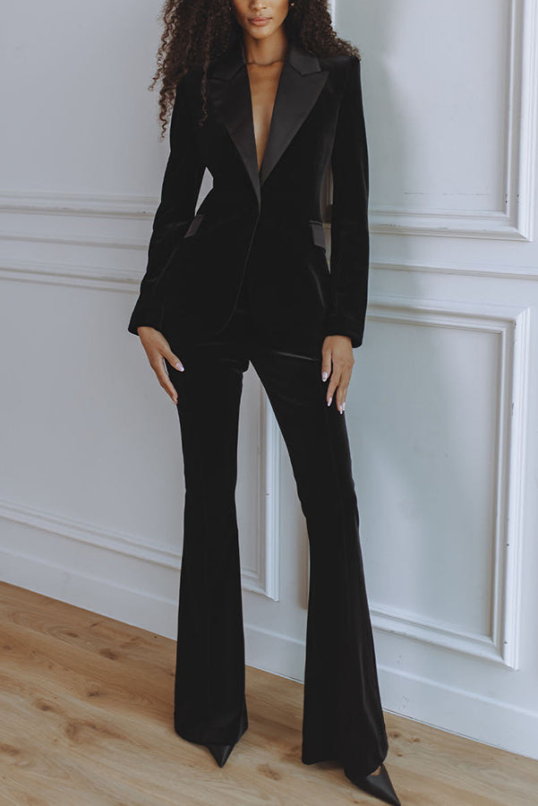Delicate Daze Velvet Satin Lapel Button Up Long Sleeve Tapered Waist Blazer