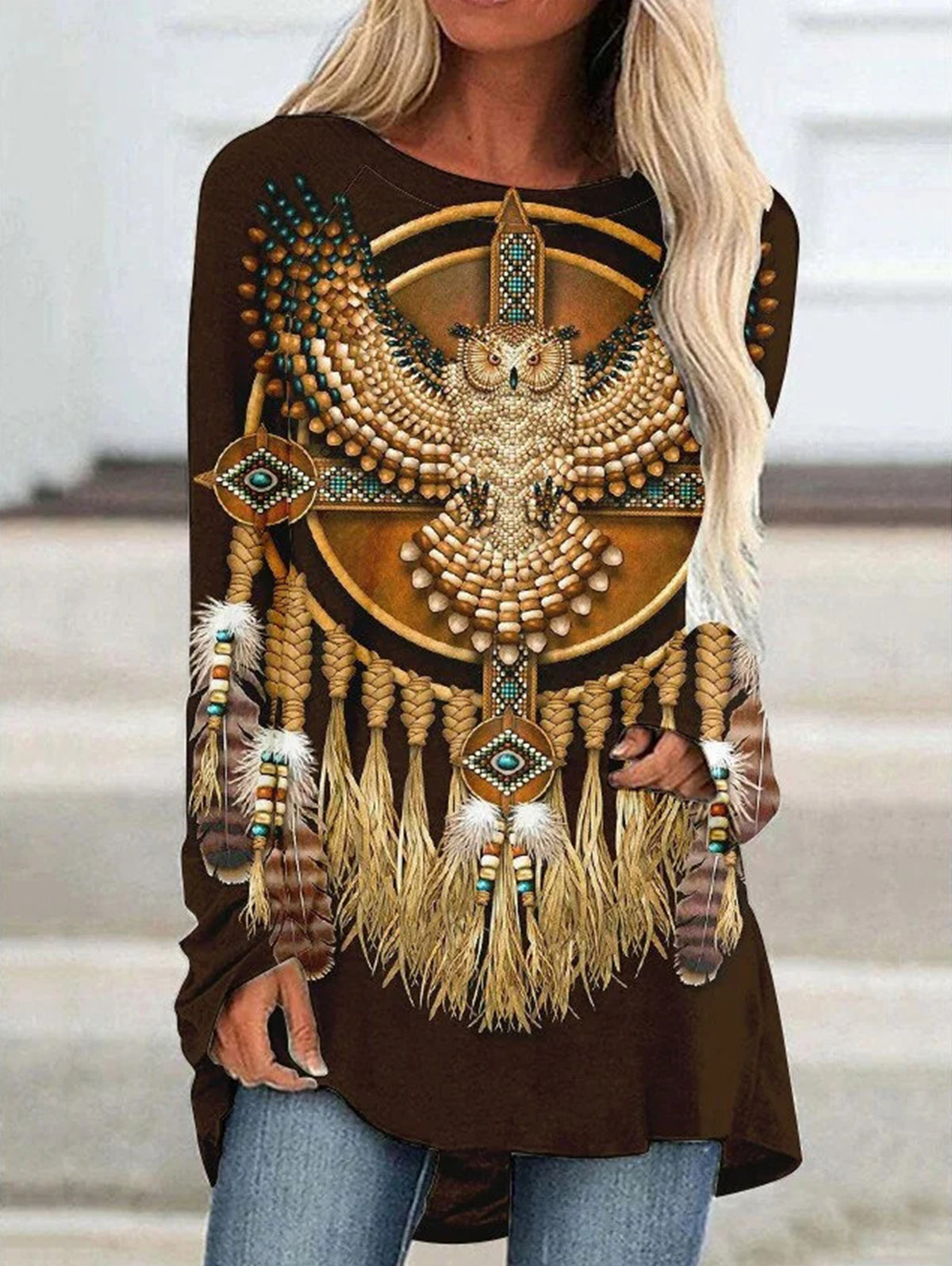 Ethnic Retro Print Crew Neck Long Sleeve T-Shirt