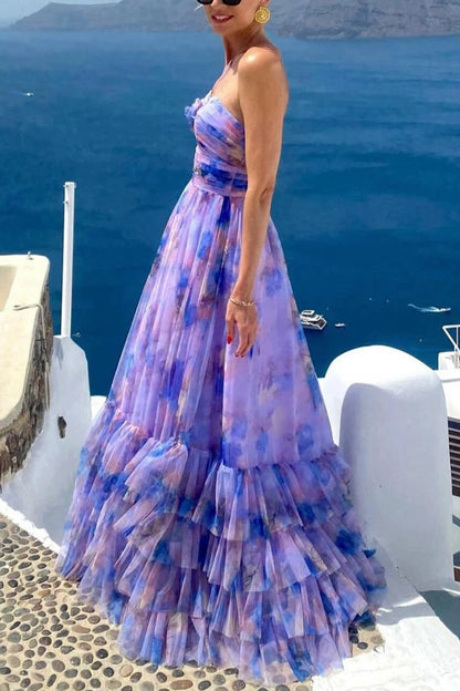 Dreamy Clouds Tulle Printed Rose Detail Cutout Ruffles Tiered Halter Maxi Dress