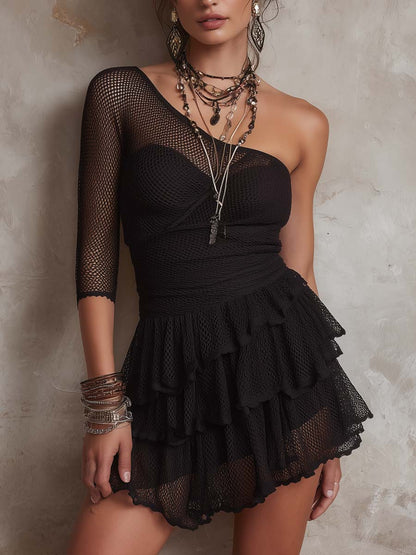 Bohemian One-Shoulder Mesh Mini Dress
