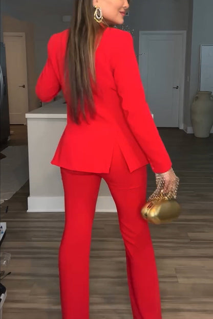 Luxe Lifestyle Single Button Lapel Blazer and Elastic Waist Pocketed Straight Suit Pants Set